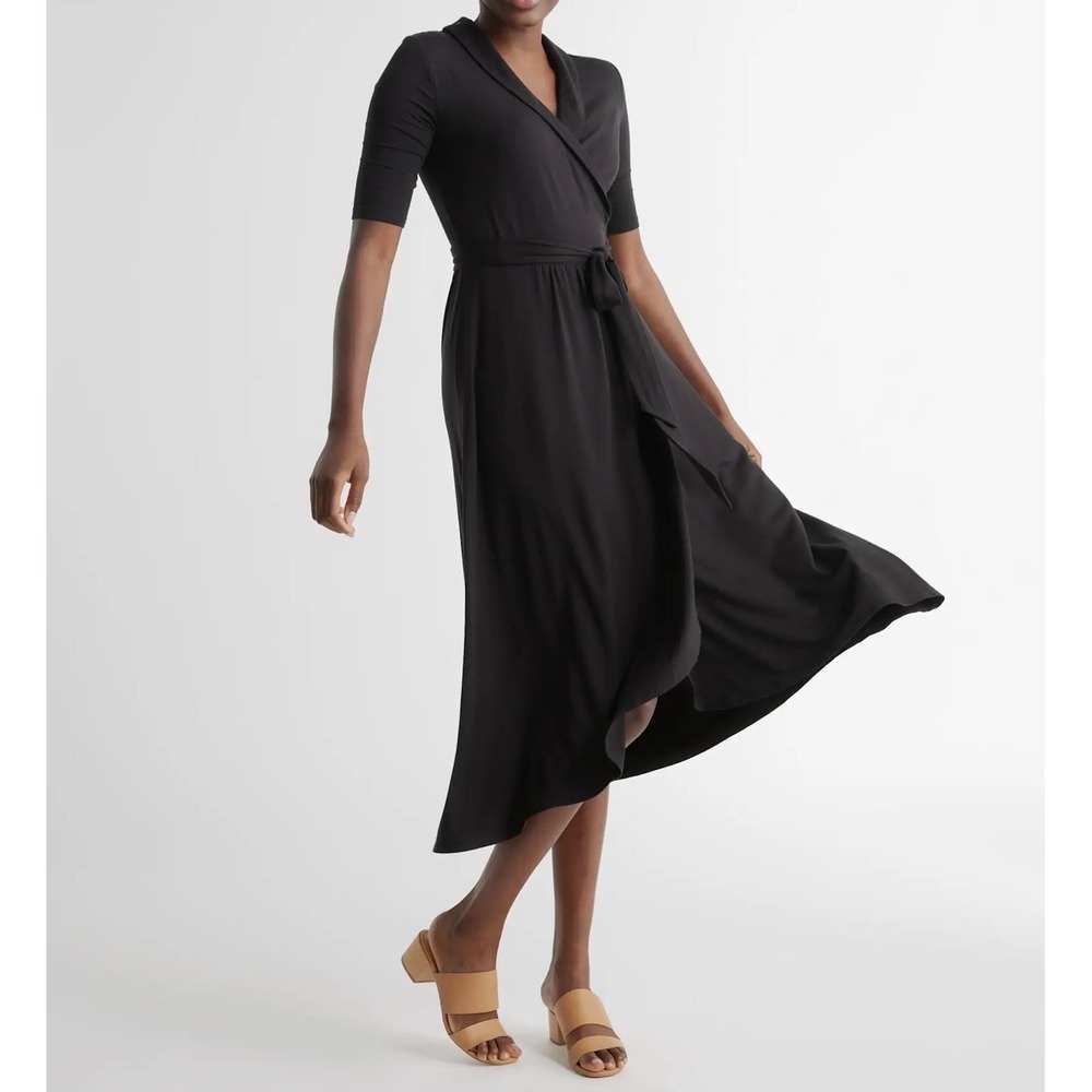 Quince Tencel Jersey Shawl Collar Wrap Dress Black 1X Short Sleeve Midi